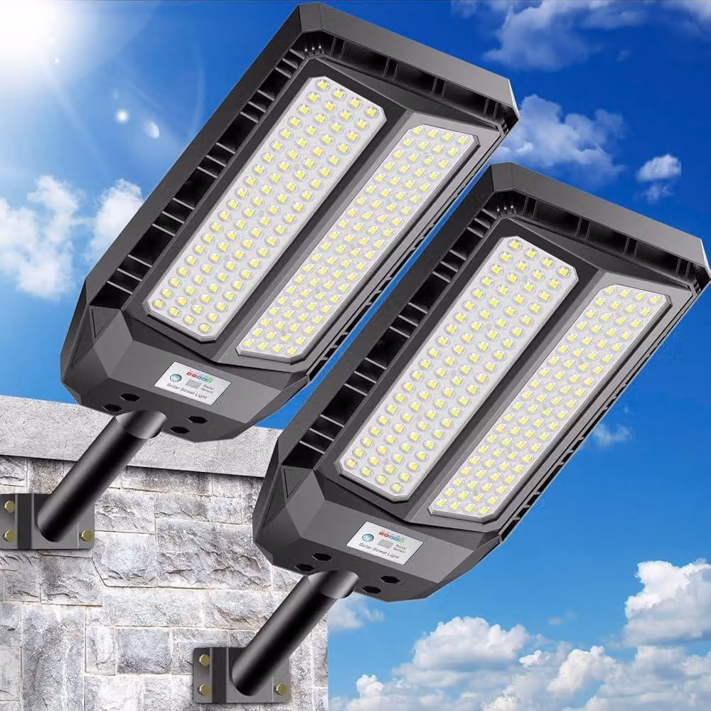 Lampada da esterno solare, set da 2, 10.000 lumen, 6500 K, grado di protezione IP66, con sensore di movimento