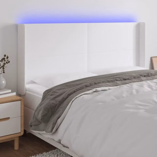 Testiera per letto con illuminazione LED e porta di ricarica USB vidaXL in similpelle bianca, L: 203 cm, P: 16 cm, H: 118-128 cm