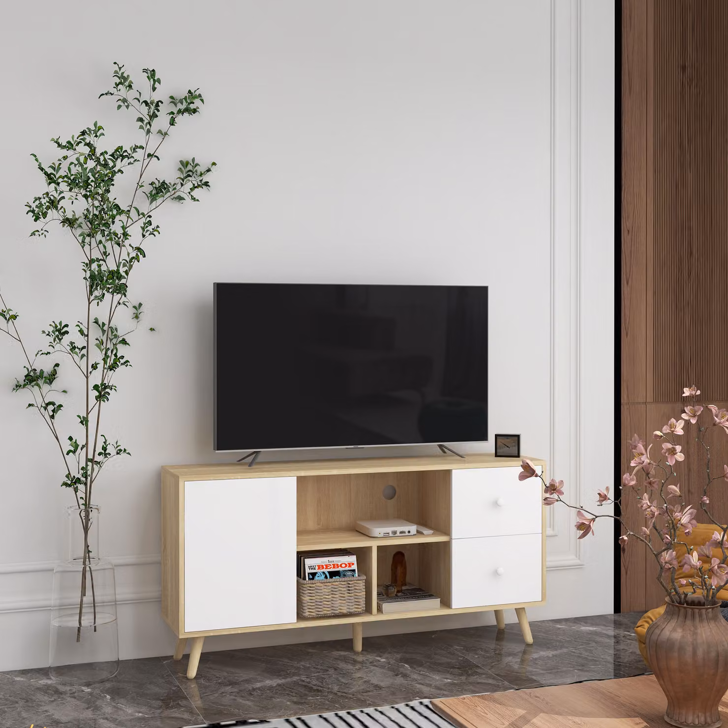 Mobile TV HOMCOM in legno massiccio stile scandinavo con 3 mensole e 1 armadietto per TV fino a 45 pollici, L/P/H: 120 x 30 x 60 cm – 2