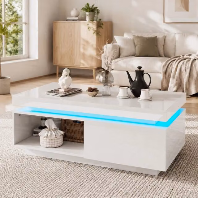 Set mobile TV e tavolino bianco lucido con illuminazione LED, dimensioni 181x38x38 cm e 100x50x40,3 cm