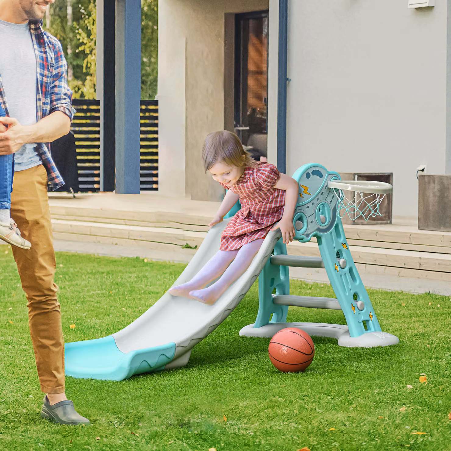 Scivolo pieghevole HOMCOM per bambini dai 18 mesi con 3 scalini e canestro da basket, Blu e Grigio, L/P/H: 140 x 87 x 75 cm – 2
