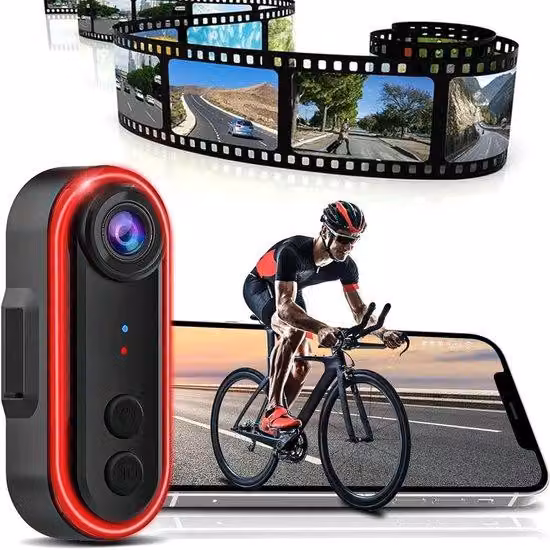 Telecamera per bici a due posti con luce posteriore - Telecamera posteriore per bici 1080P - 6 modalità di illuminazione - Grandangolo da 150° - Supporto regolabile a 180°