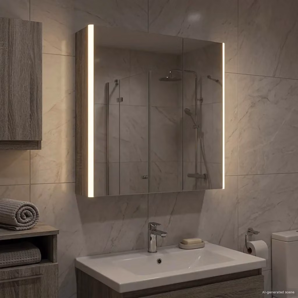 Mobiletto da bagno con specchio e illuminazione LED vidaXL, Grigio, L: 70.0 cm, H: 63.5 cm, P: 15.5 cm – 2