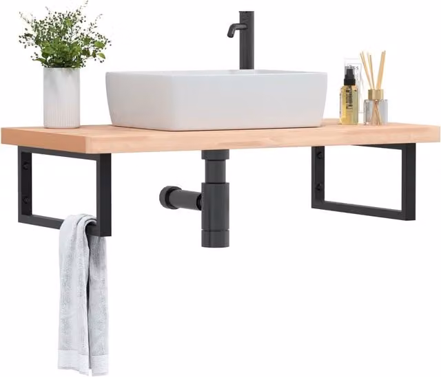 Ripiano a parete per lavabo vidaXL in metallo nero e legno di faggio naturale per bagno