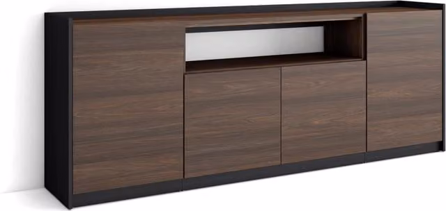 Credenza, Mobile, Cucina, 207x80x37 cm, 4 Porte, grande stoccaggio, Rovere scuro e Nero