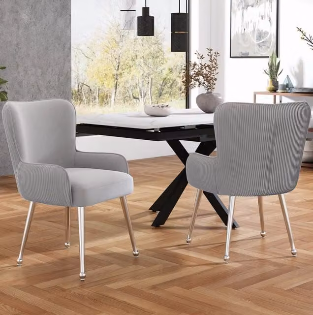 Set di 2 sedie da pranzo moderne MODFU in velluto grigio con braccioli e gambe in metallo