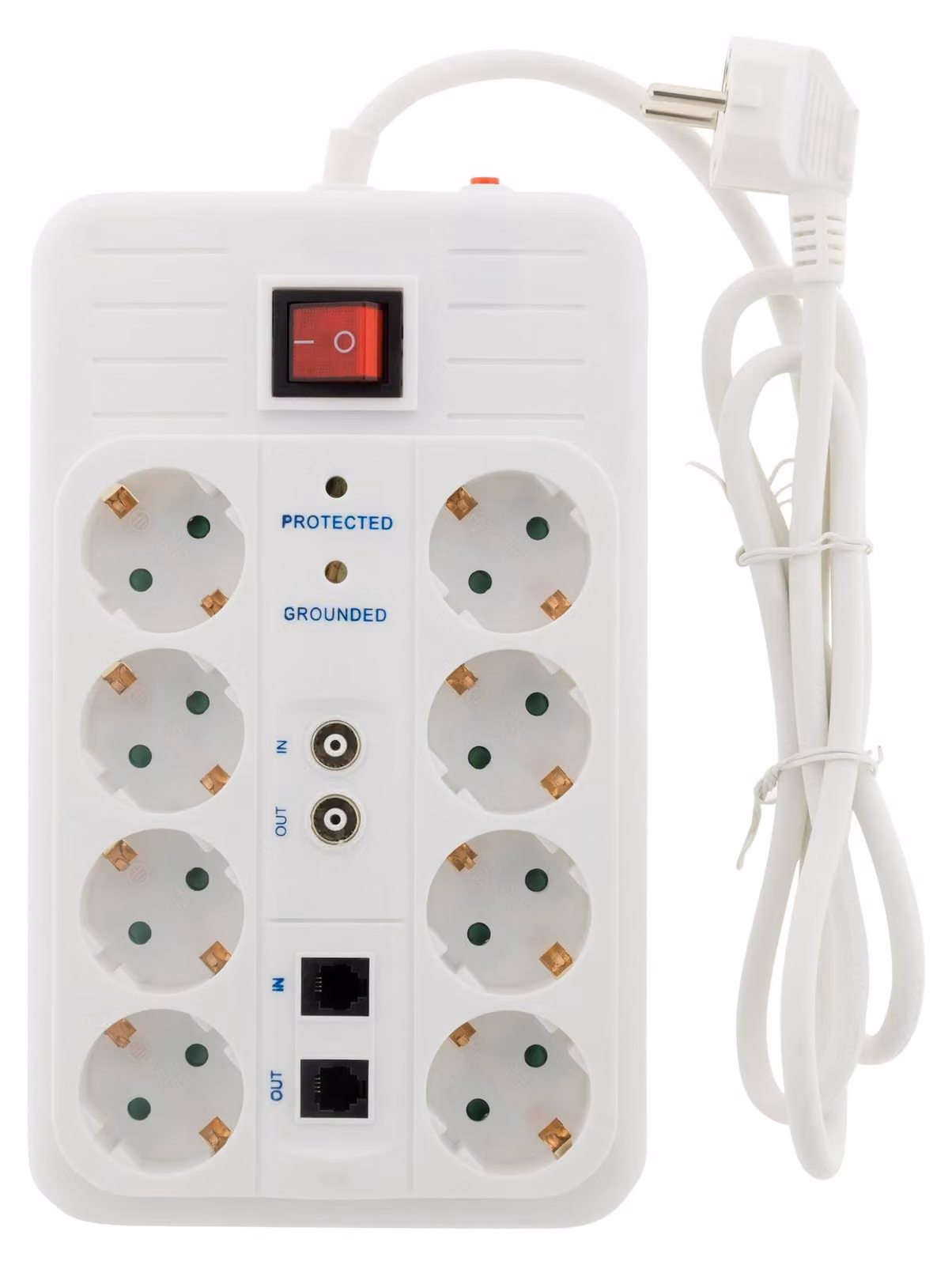 Zenitech, multipresa Schuko a 8 prese con FILTRO+TV+ADSL+FAX, bianca, protezione da sovratensione, interruttore illuminato, cavo H05VV-F 3G1,5 mm² da 1,5 m, potenza 3500 W, ideale per uffici e ambienti collegati in rete