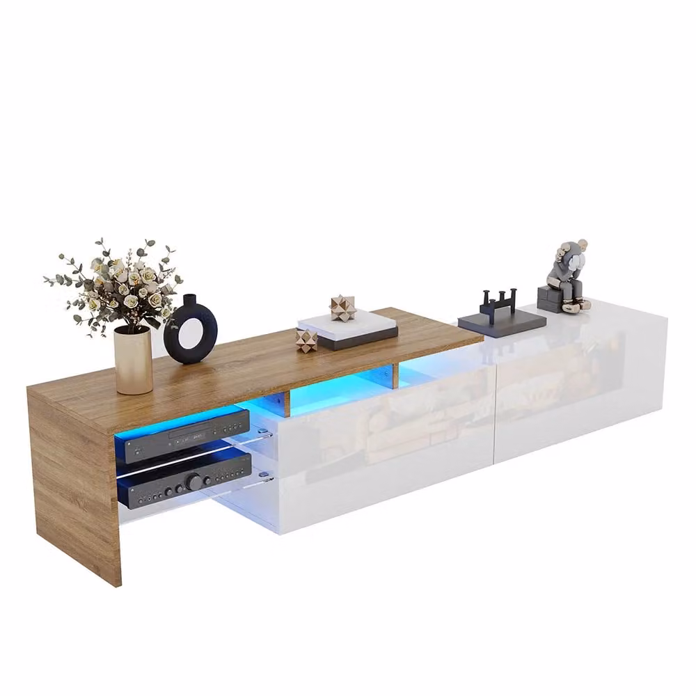 Mobile TV moderno Xylo bianco e legno con vetrine in vetro e illuminazione LED integrata L: 170 cm, P: 33,5 cm, H: 33 cm – 2