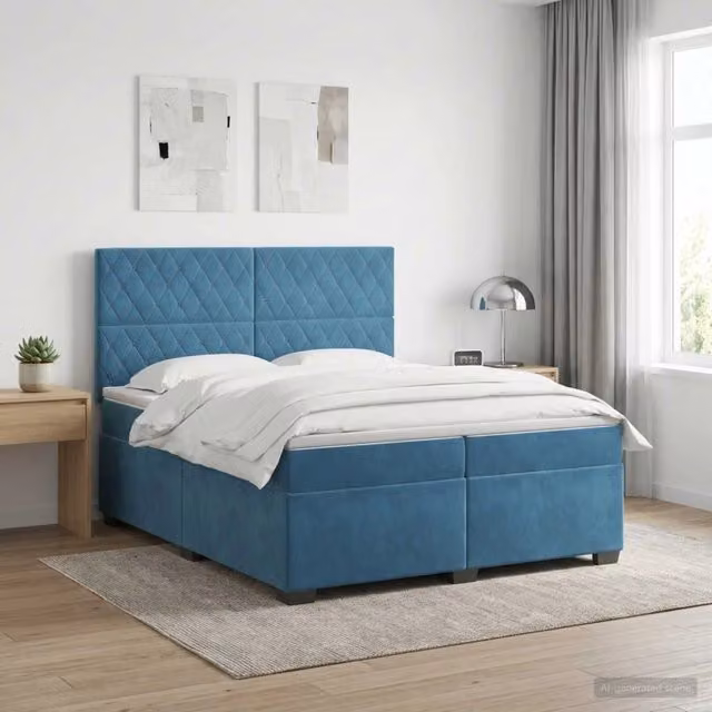 Letto box spring con materasso ibrido vidaXL in velluto blu e bianco L/P/H: 200 x 200 x 140,5 cm