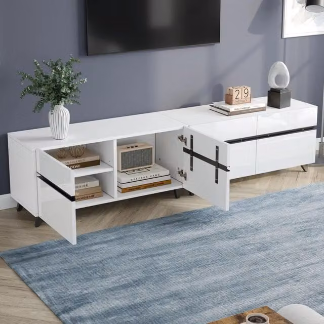 Mobile TV moderno WISHDOR in MDF con finitura lucida, disponibile in bianco o nero, L: 180 cm, P: 40 cm, H: 49 cm