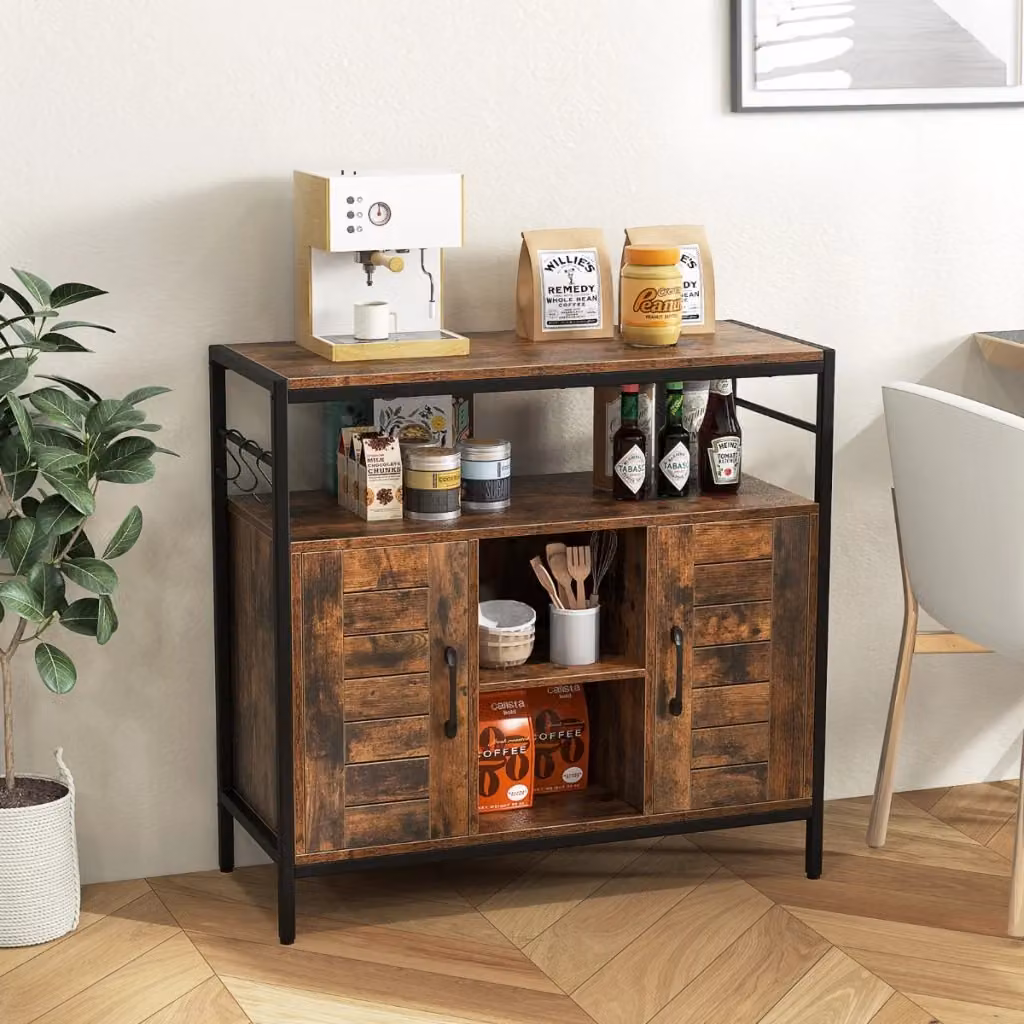 Buffet industriale in legno e metallo con ripiani regolabili, 3 ganci e 2 ante, colore marrone e nero – 2