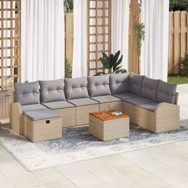 vidaXL Set Divano da Giardino a L in Polyrattan e Legno di Acacia con 9 Cuscini Beige – 1