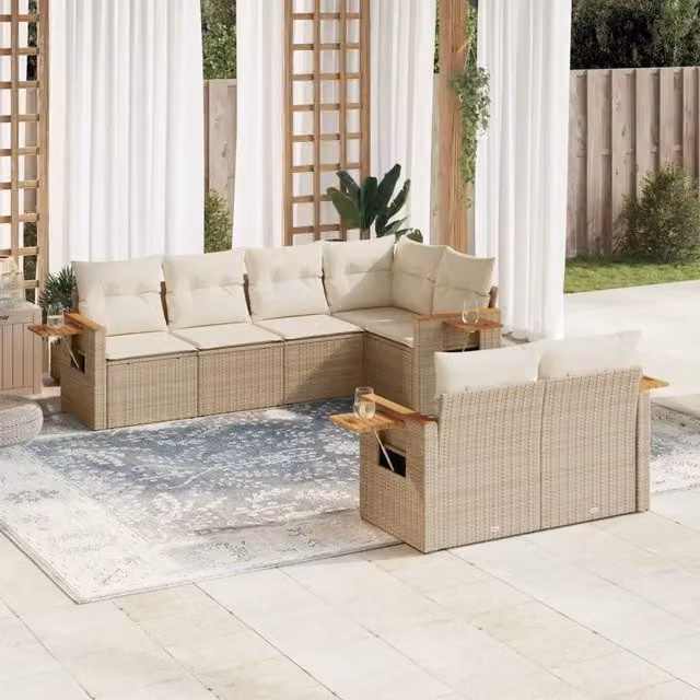 Set Divani da Giardino 7 pz con Cuscini Beige in Polyrattan 3226982