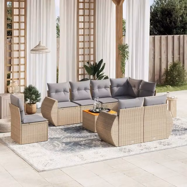 vidaXL Set Divano da Giardino 9 pz a forma di U in Polyrattan con Cuscini Beige e Grigio e Tavolino da Esterno