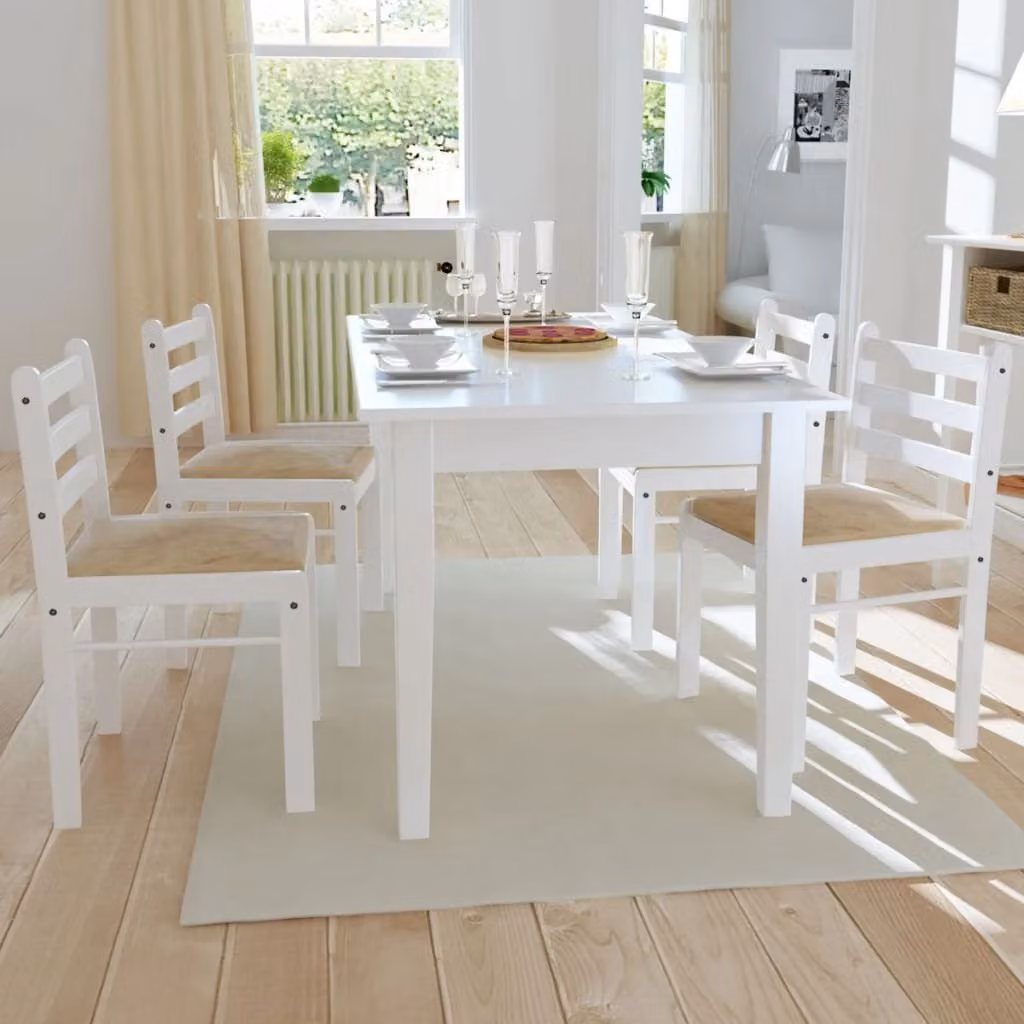 The Living Store Sedie da pranzo 4 pz. Legno di gomma massiccio bianco e velluto