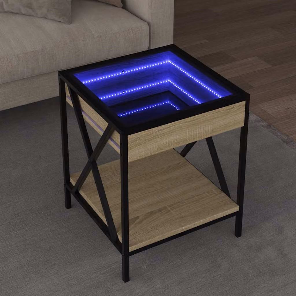 vidaXL Tavolino da Salotto Moderno con LED in Rovere e Vetro, L/P/H: 40 x 40 x 49 cm