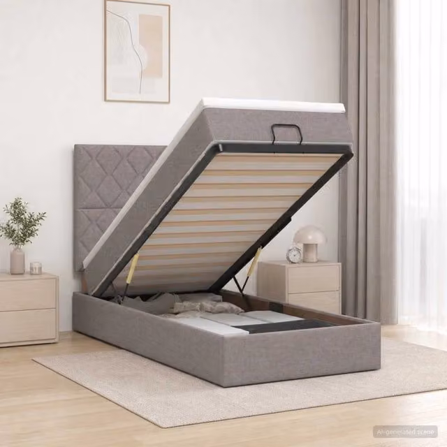 Letto ottomano con contenitore a sollevamento vidaXL in tessuto beige, L: 90 cm, P: 200 cm, H: 128 cm