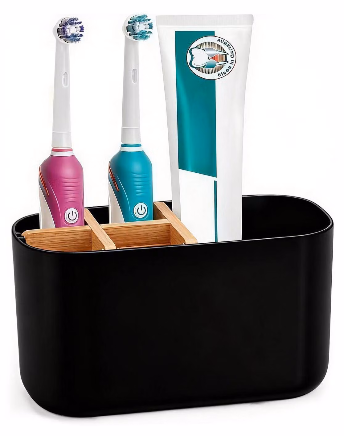 Porta spazzolini da denti e organizer per il bagno con 6 scomparti, colore nero, realizzato in plastica ABS con inserto in bambù, dimensioni 18x10x8 cm