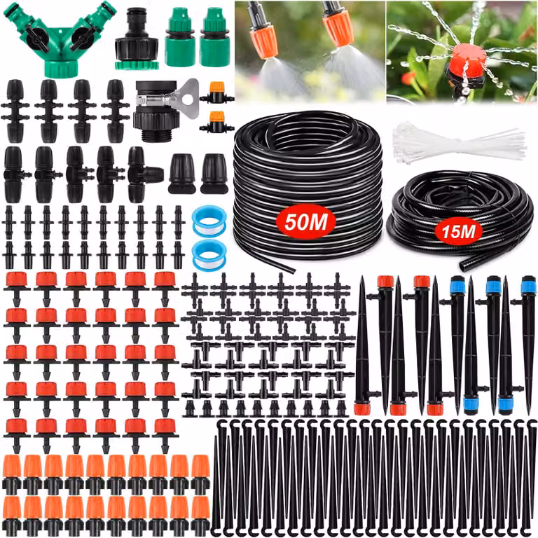 Sistema di irrigazione per giardino, composto da un set di 263 pezzi e da tubi di irrigazione da 50 metri e 15 metri