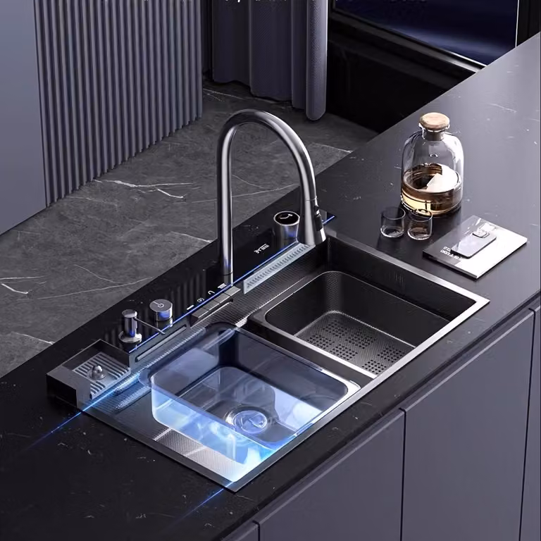 Lavello da cucina – Lavello da incasso – Lavello in acciaio inossidabile – Rubinetto con erogatore a cascata – Finitura nanotecnologica a nido d'ape – Scarico posizionato a destra