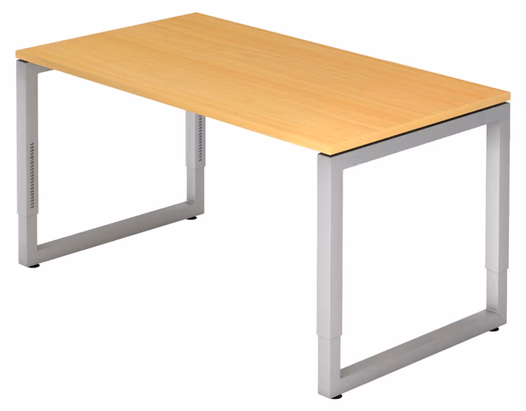 Scrivania della serie "R" di bümö: struttura in argento, impiallacciatura in noce, dimensioni: 140 x 80 cm