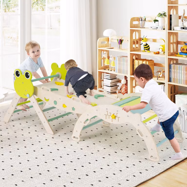 Set Montessori in legno Costway per bambini con rampa e labirinto a tema rana, Verde