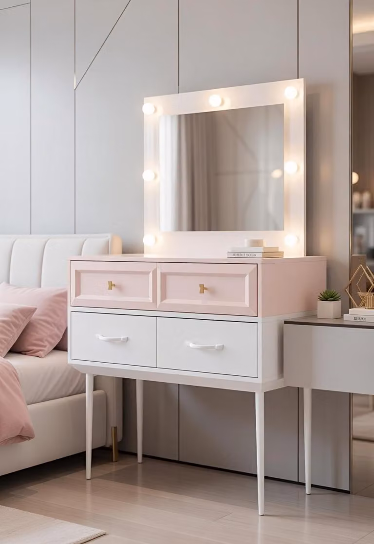 Comò da trucco con specchio e luci LED, ideale per una camera da letto elegante