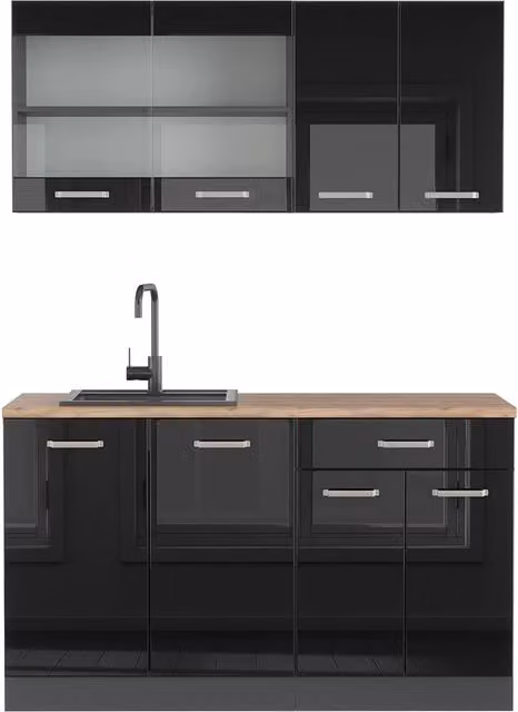 Cucina monoblocco R-Line Nero lucido/Antracite 140 cm senza piano di lavoro Vicco