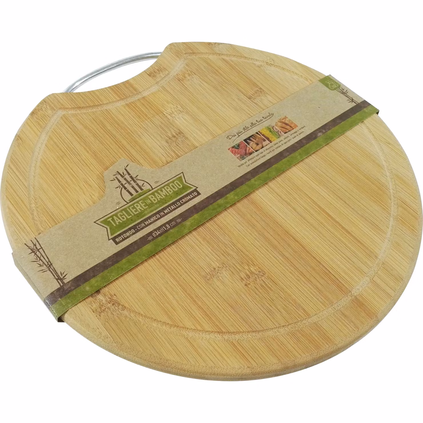 Tagliere rotondo in bamboo Gusto Casa con manico e scanalatura, colore beige, Diametro: 34 cm
