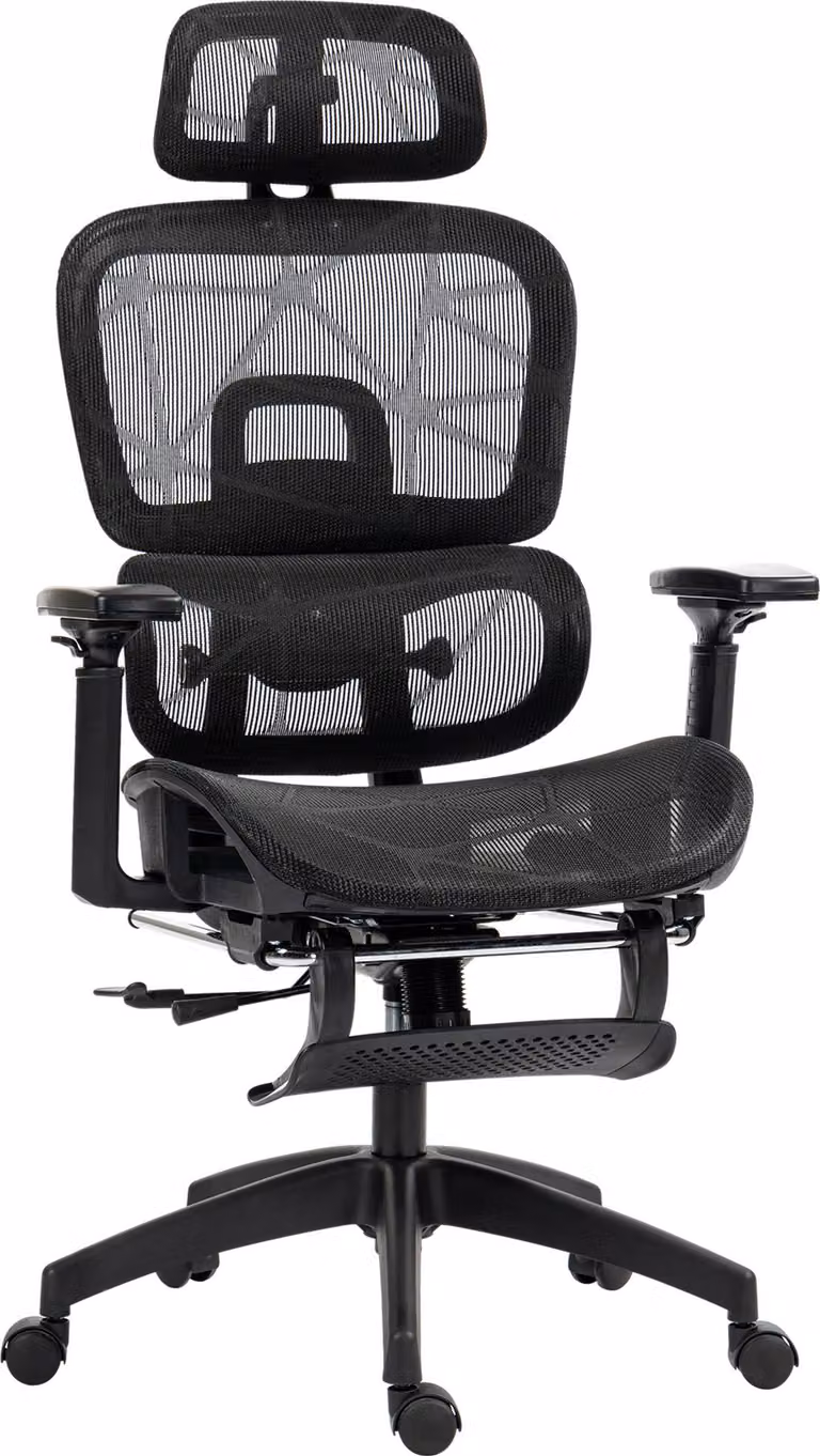Sedia da ufficio ergonomica Moonbite, con poggiatesta, supporto lombare, poggiapiedi estendibile, inclinazione fino a 135°, sedia girevole con funzione basculante, in poliestere, colore nero