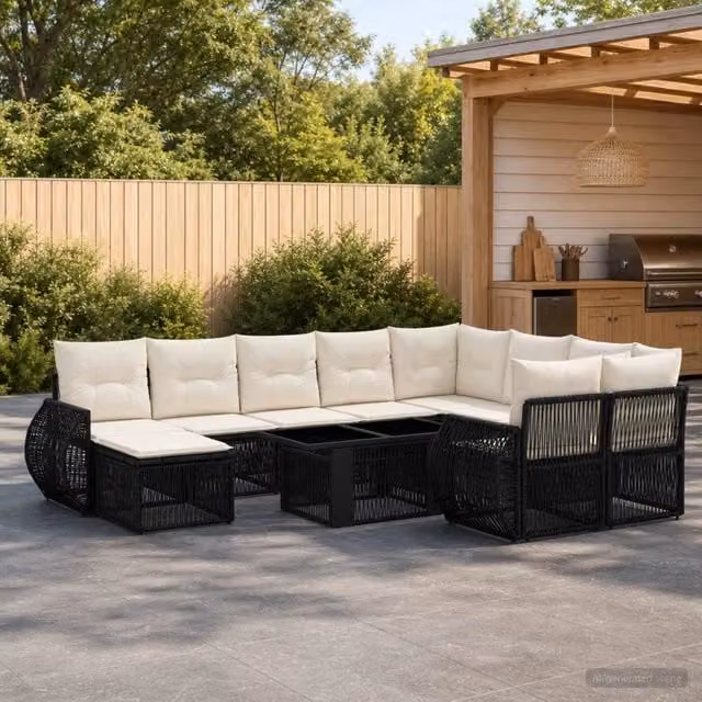 Set Divano da Giardino vidaXL 11 Pezzi in Polyrattan Nero e Bianco con Cuscini e Tavolino da Esterno – 1