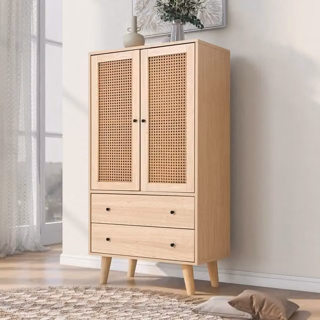 Madia con 2 ante e 2 cassetti in pannello truciolare effetto rovere con inserti in rattan PE 60 × 40 × 120 cm