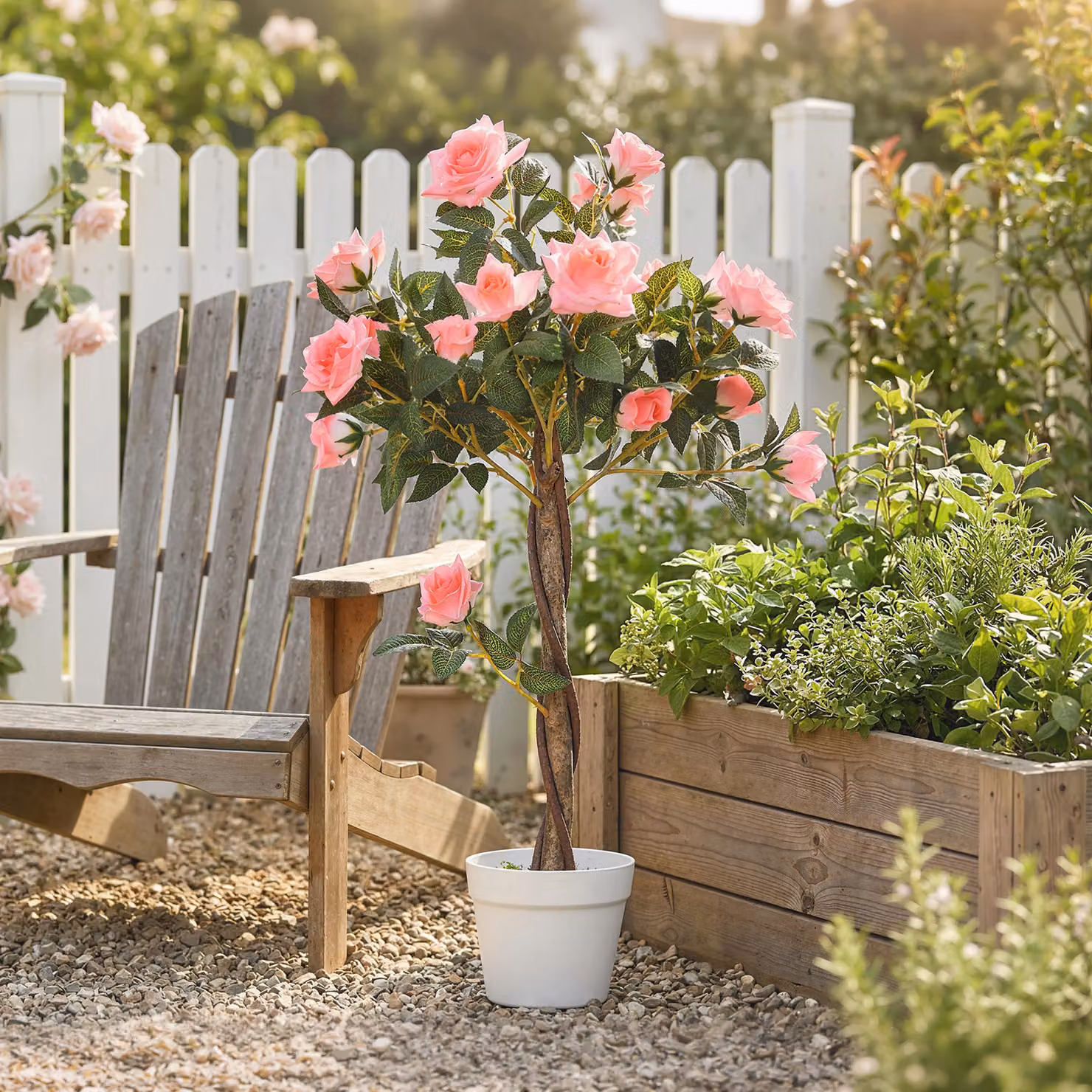 Pianta finta di rose Outsunny con 21 fiori e vaso in cemento con muschio, colore rosa, Ø18 x H 90 cm – 2