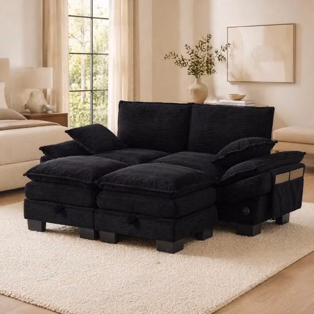 Divano modulare 2 posti in corduroy nero con 2 pouf; USB-C e tasche laterali