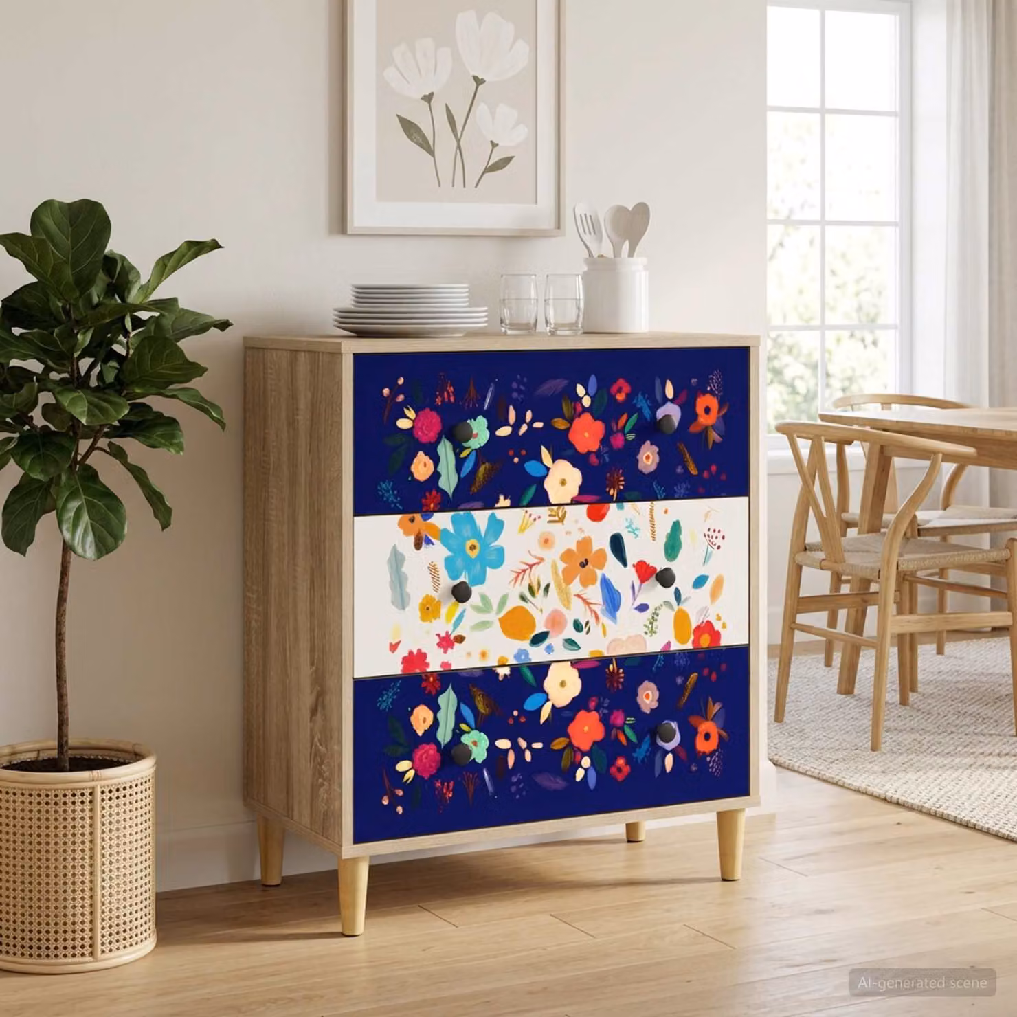 Cassettiera vidaXL MAINZ con stampa floreale, colore Sonoma e multicolore, L: 66 cm, P: 36,5 cm, H: 75 cm