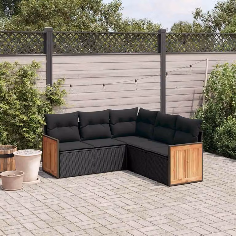 vidaXL Set Divano da Giardino a L 5 pz in Polyrattan Nero con Cuscini e Struttura in Acciaio