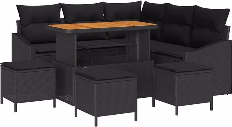 Set Divano da Giardino con cuscino 9 pcs Nero polyrattan