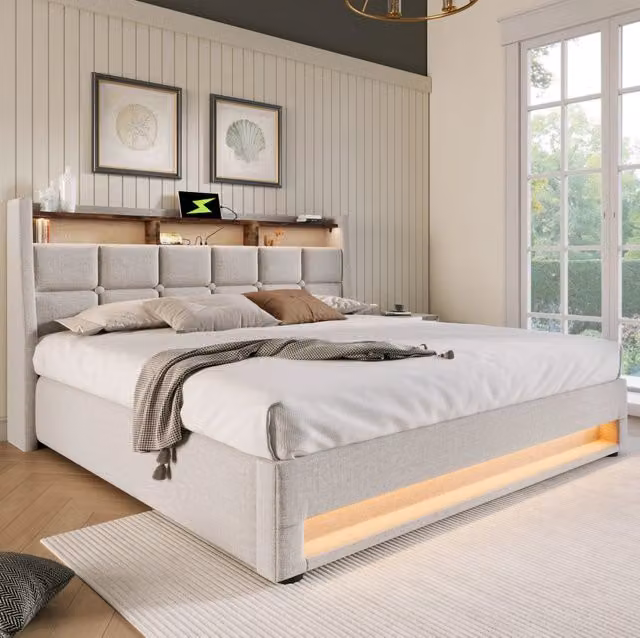 Letto matrimoniale 140x200 cm in lino beige con USB, LED e contenitore, senza materasso