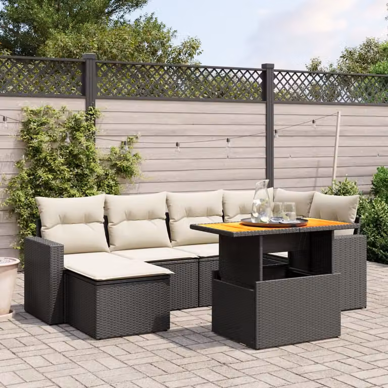 Set di Divani da Giardino a L vidaXL in Polyrattan Nero con 7 Pezzi e Cuscini Imbottiti