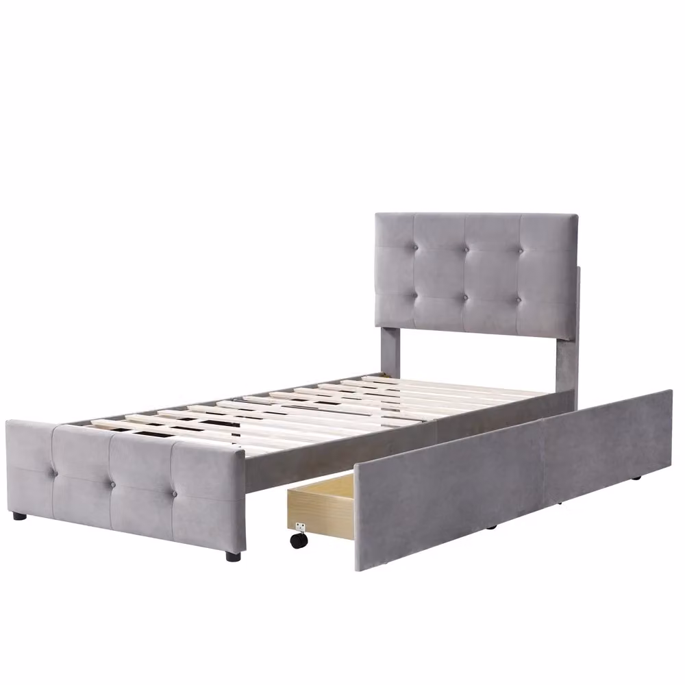 Letto singolo imbottito Minimal con cassetti e rete a doghe in velluto grigio L/P/H: 90 x 200 cm – 2