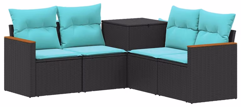 Set di divani da esterno, 5 pezzi. Colore: nero e blu. Materiale: rattan sintetico e acciaio