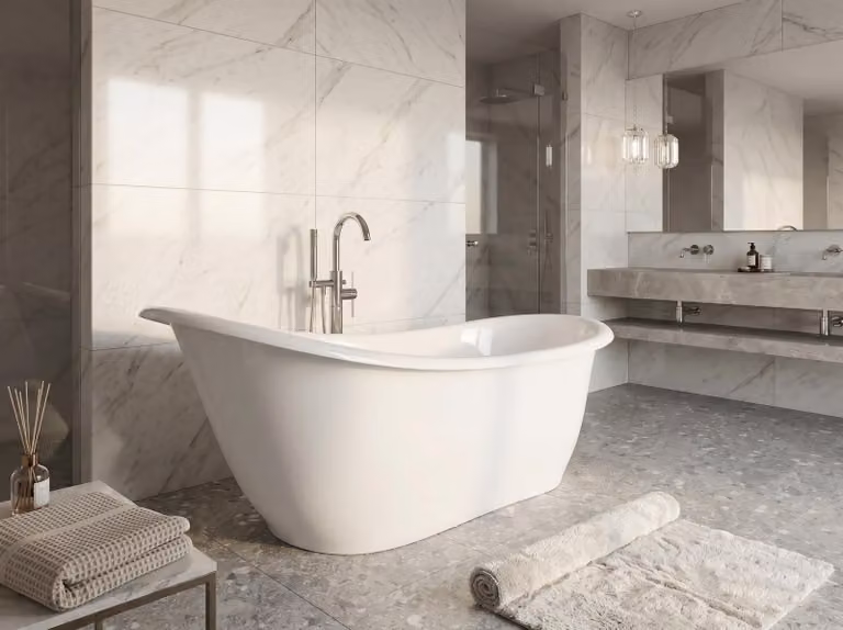 Vasca da bagno freestanding 180 cm, bianca, in composito, sifone in omaggio