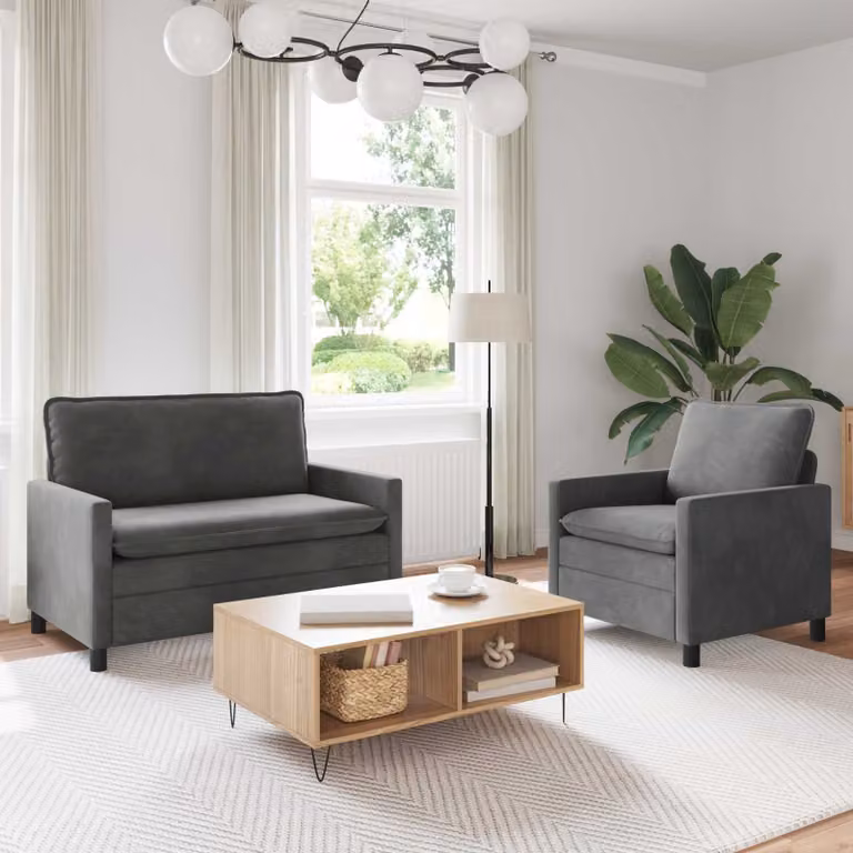 Set di 2 divani moderni vidaXL in velluto grigio scuro con struttura in metallo e cuscini inclusi