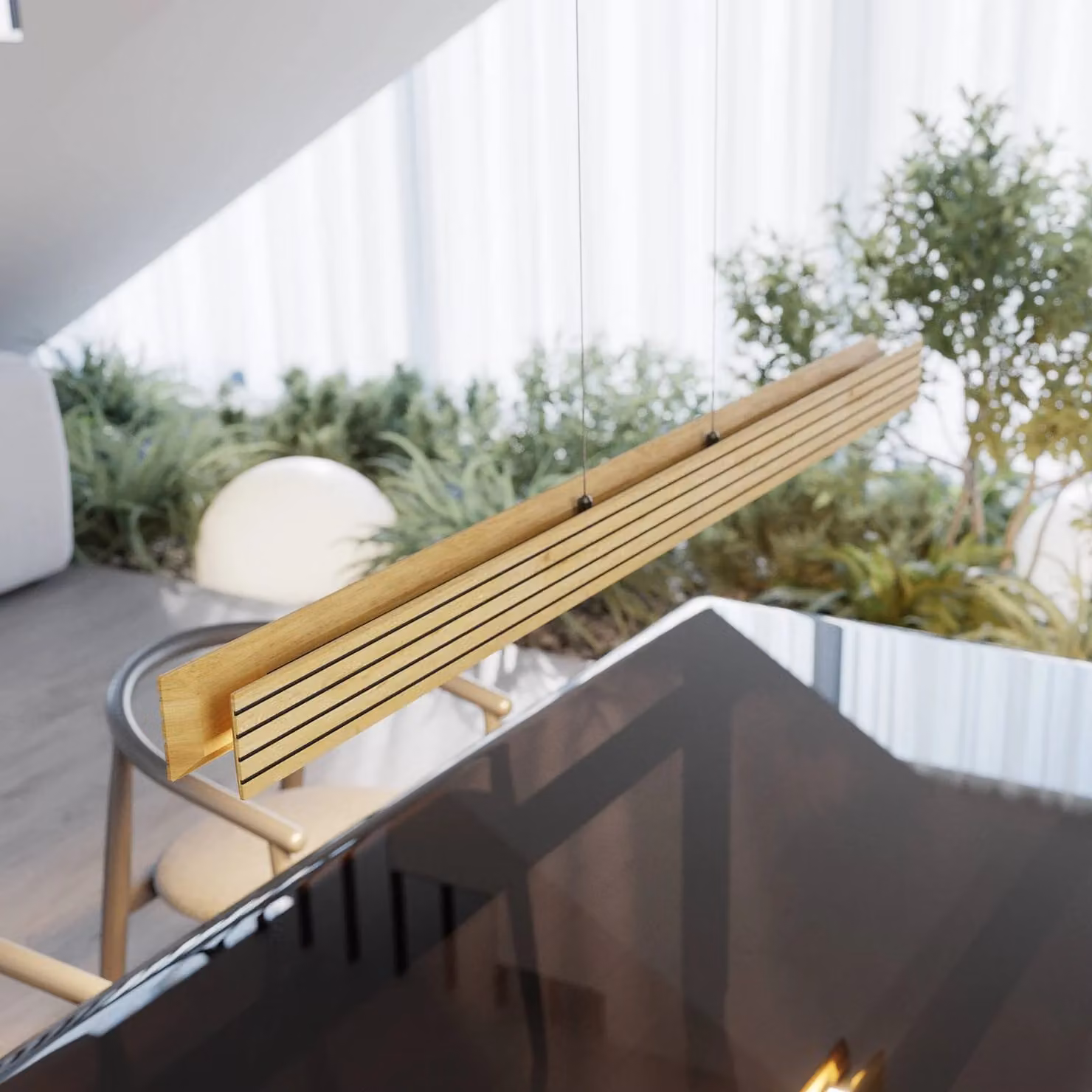 Elobra Lampada LED a sospensione Inka, legno chiaro, dimmerabile, lunghezza 116 cm dimmerabile, Legno chiaro, Soggiorno / Sala da pranzo, Legno, Moderno