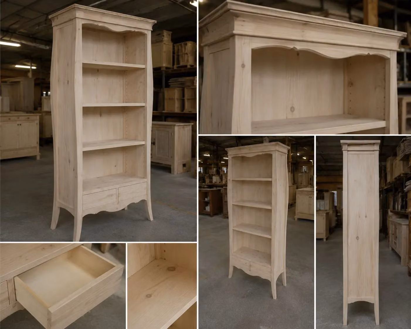 Libreria a giorno Mobili 2G in legno grezzo con 3 ripiani regolabili e 2 cassetti, L: 106 cm, P: 47 cm, H: 204 cm – 1
