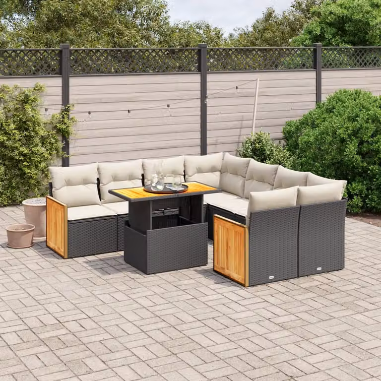 Set di divani da giardino vidaXL 9 pezzi con cuscini, design moderno a forma di U in rattan e metallo nero con tavolino da esterno
