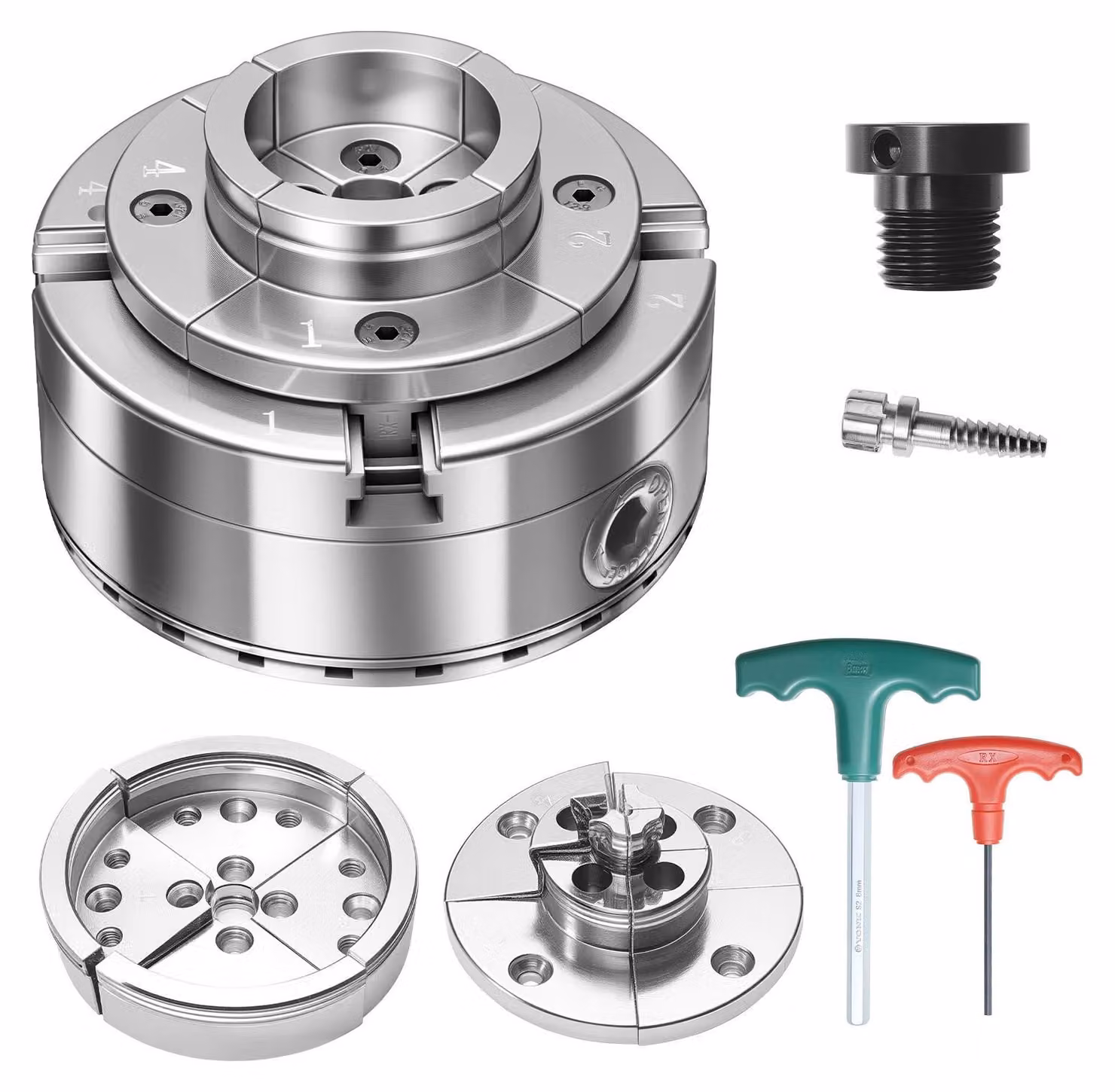 Mandrino autoserrante a 4 ganasce da 100 mm - Filetto mandrino 25,4 mm x 8 TPI con adattatore - Ganasce lisce e a gradoni - Acciaio nichelato - Per serraggio e allargamento
