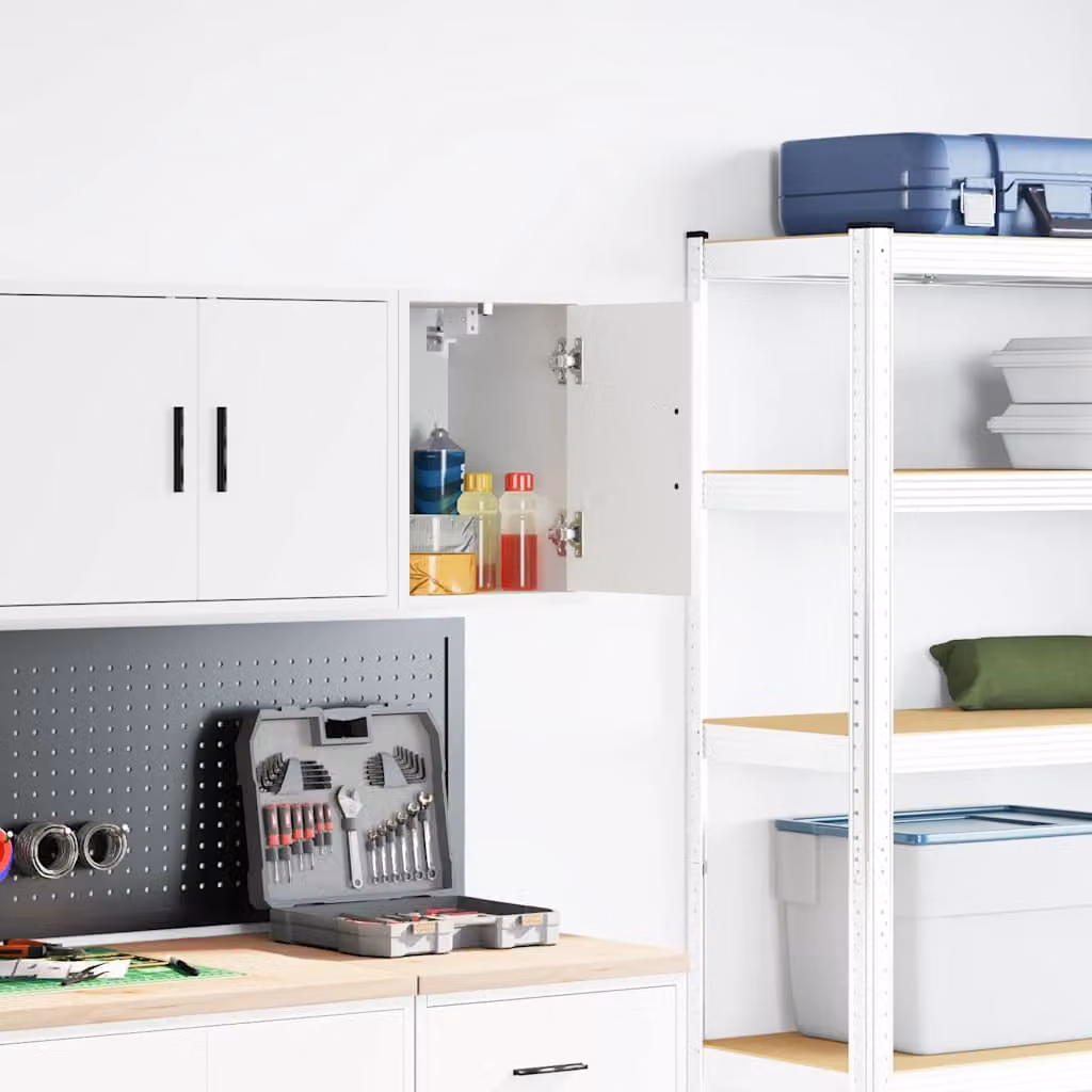 Pensile da garage vidaXL bianco in legno e MDF con ante a battente e ripiani interni