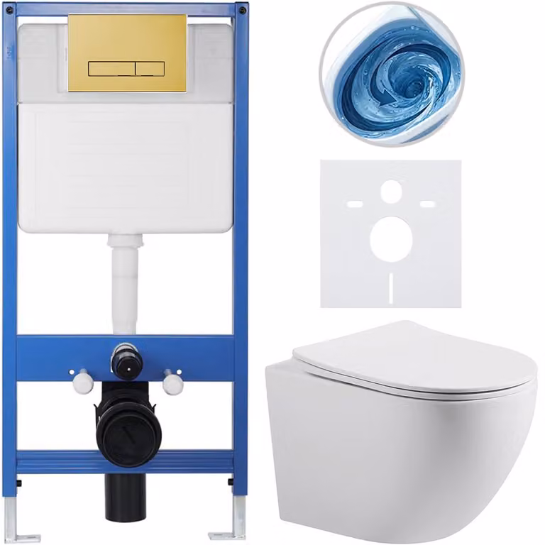 CERANO - Set completo per WC da incasso Lite/Cesso - bianco opaco - pulsante WC Slim, dorato - installazione a parete/cartongesso - 49x36 cm