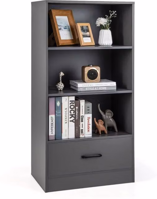 Libreria da terra in legno con cassetto e 4 livelli, Scaffale espositivo in MDF laccato Grigio, L 60 cm x P 38 cm x H 120 cm – 1